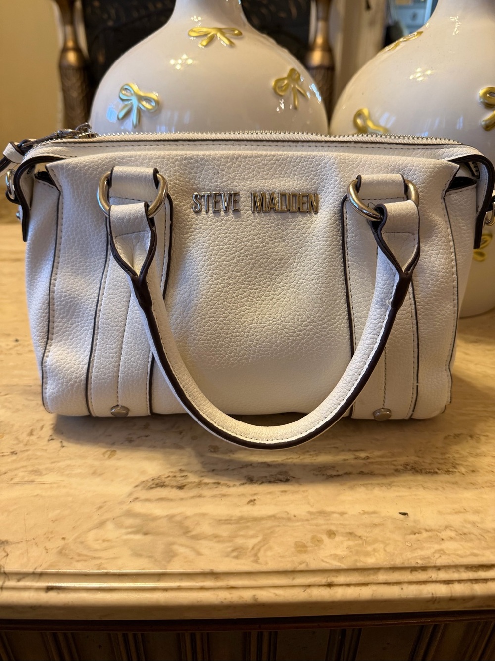 Steve Madden Cream Pebbled Leather Satchel with Dark Trim